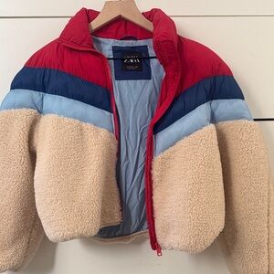 Zara Kids Colorblock Red, Navy & Light Blue Sherpa Puffer Jacket